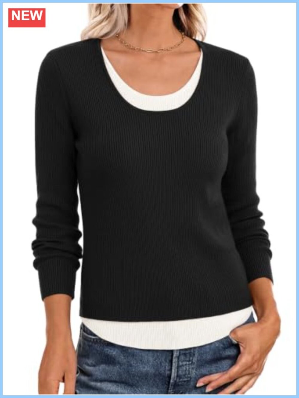 Wool Blend Ribbed Knit Slim Fit Scoop Neck Long Sleeve Layering Pullover